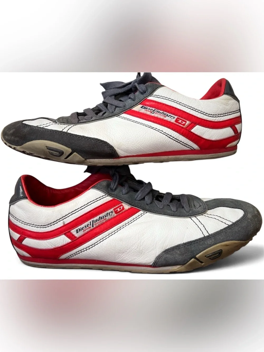 Diesel Men's White and Red Low-Profile Sneakers with Gray Accents